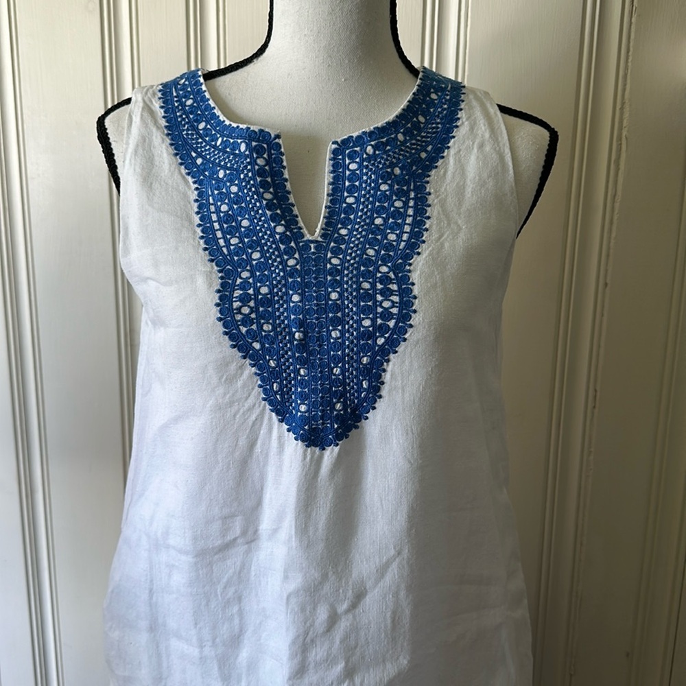 J. McLaughlin White and Blue Linen Sleeveless Dress Size S